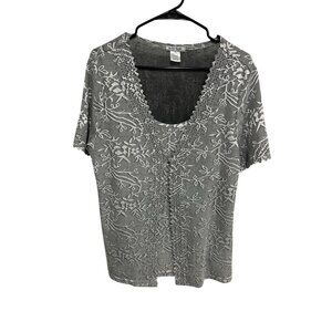 Belle Amie Gray Floral Lace Top Short Sleeve Button Size XL Coquette Romantic